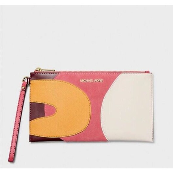 New Michael Kors Jet Set Travel Large Patchwork Wristlet Light Berry Sorbet - Picture 1 of 2